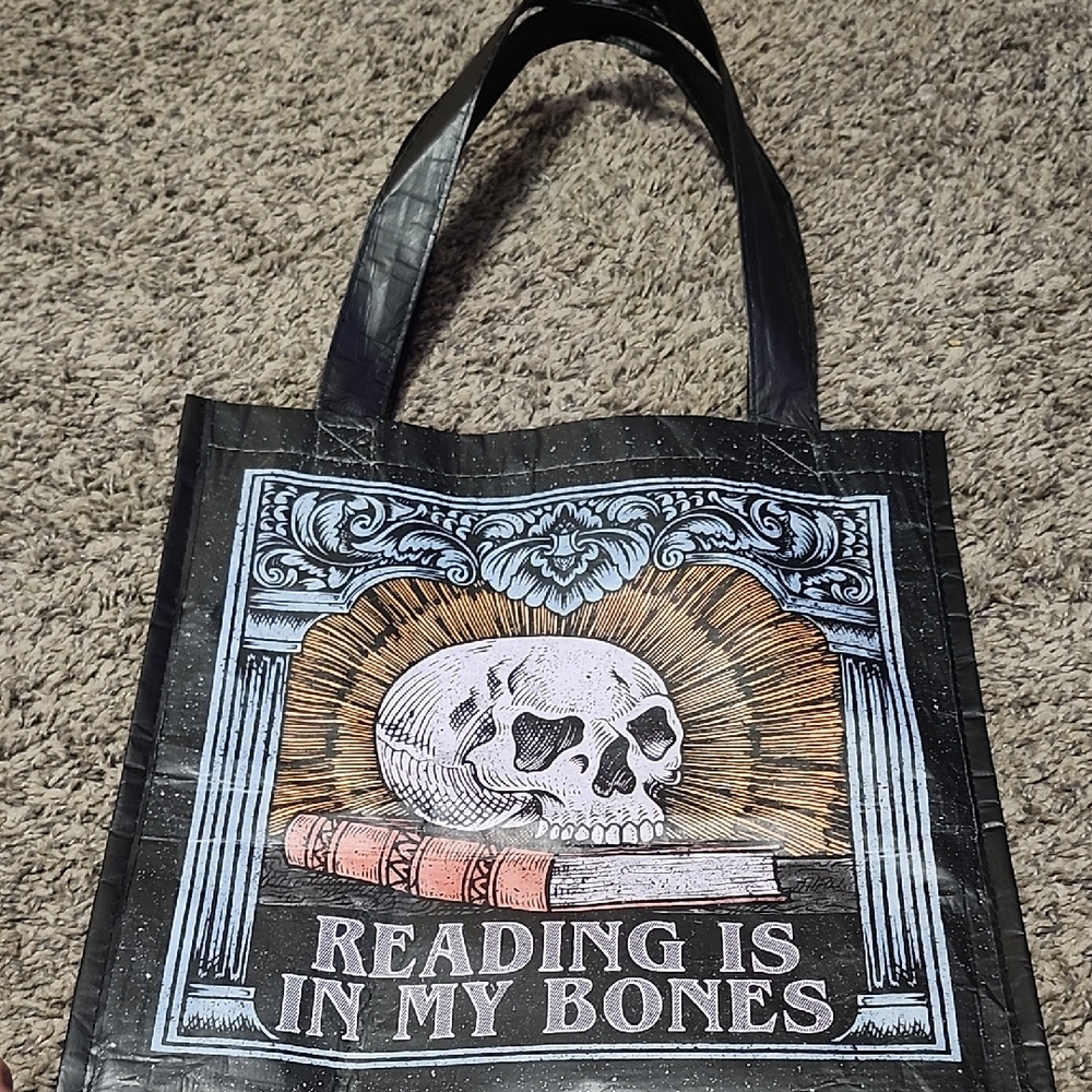 Half Price Books Halloween Theme Black Tote Bag with Skull and Book Design